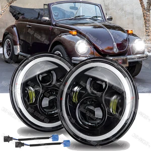 For 1950-1979 VW Beetle Pair 7" Inch Round LED Headlights Hi/Low Beam DRL Black - Picture 1 of 10