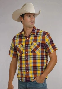 Wrangler Casual Button Shirt Mens M 43x27 Ltwt Cotton Gold Rust Plaid SS Pockets - Picture 1 of 8