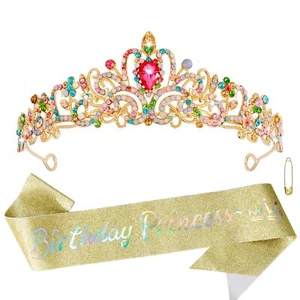 Multicolor Birthday Crown and Sash Set Girls Princess Tiara Party Cosplay Gifts - Picture 1 of 7