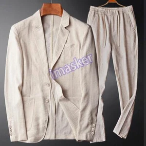 2 Piezas Hombres Lino Dos Botones Traje Verano Causal Blazer Pantalones Abrigo Playa Chaqueta Regalo - Imagen 1 de 26