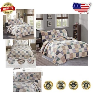 Luxury King Size Beige Plaid Quilt Set - Machine Washable & Reversible Design - Picture 1 of 10