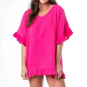 ELSIE & ZOEY DEMI ONE SIZE FUSCHIA RUFFLE COTTON SWIMSUIT COVER UP- SO CHIC!!! - Picture 1 of 5