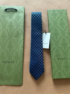 Gucci Men's GG Pattern Blue 100% Silk Tie Widest 3.25" NWT Original Packaging - Picture 1 of 5