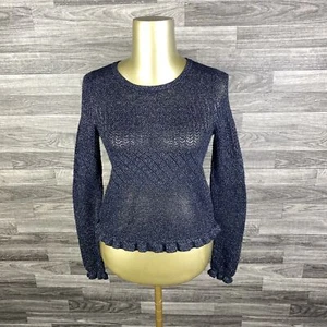 AMERICAN EAGLE Crewneck Ruffle Trim Blue Metallic Knit Sweater Girl's Size XS - Picture 1 of 11