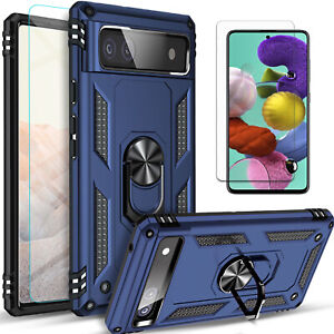 For Google Pixel 6A Case, Ring Kickstand Phone Cover + Tempered Glass Protector