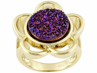 ANEL SOBRE LATÃO JANINE JO (TM) REDONDO COR ROXA QUARTZO DRUSY OURO AMARELO 18K 8 - Imagem 1 de 2