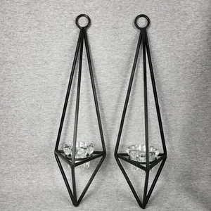 Pair of Modern Geometric Black Metal Hanging Candle Holders – 18” Sconces - Picture 1 of 17