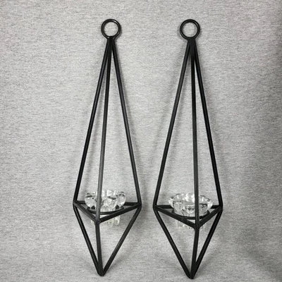 Pair of Modern Geometric Black Metal Hanging Candle Holders – 18” Sconces  - Image 1 of 4