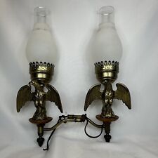 Set of 2 Vintage Brass & Wood American Eagle Electric Lanterns Lamps Sconces