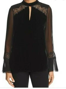 Beautiful Designer ELIE TAHARI Black Velvet Lace/Sheer L/S Top S - Picture 1 of 2