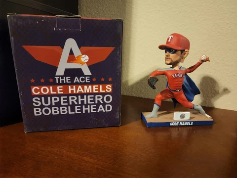 COLE HAMELS The Ace Superhero BOBBLEHEAD Texas Rangers MLB Jimmy Johns Kloanz Cover