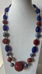 Chinese Carved Cinnabar Necklace Longevity Beads Blue Glass Beads - Picture 1 of 4