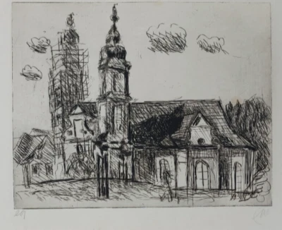 Lüpertz Landschaft Kirche Originalradierung Handsigniert mit Blattgoldrahmen - Bild 1 von 4