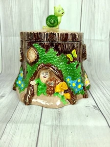 Tarro de galletas de cerámica Sittre 1976 tocón de árbol caracol animales setas flor de búho de colección - Imagen 1 de 12