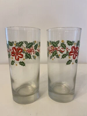 Vtg Libbey Holly Berry Christmas Tumbler 6” Beverage Glasses Set of 2 Holiday  - Image 1 of 4