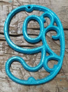 Rustic TURQUOISE Cast Iron Metal House Number Street Address 4 1/2 INCH Phone #9 - Picture 1 of 1