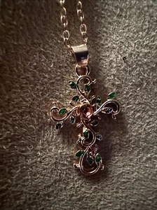 Green Leaves On A Pretty Gold Cross With Pink Stone Pendant Necklace - Picture 1 of 6