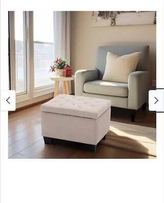 Belleze Tufted Storage Ottoman Natural Beige Footstool Linen - Image 1 of 4