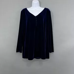 Top Soft Surroundings para mujer talla grande azul terciopelo botón cuello en V manga larga - Imagen 1 de 13