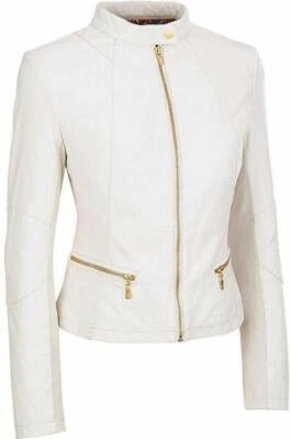New Women's Lambskin Leather White Gold Zipper Jacket Stylish Slim Fit Jacket - Image 1 of 4