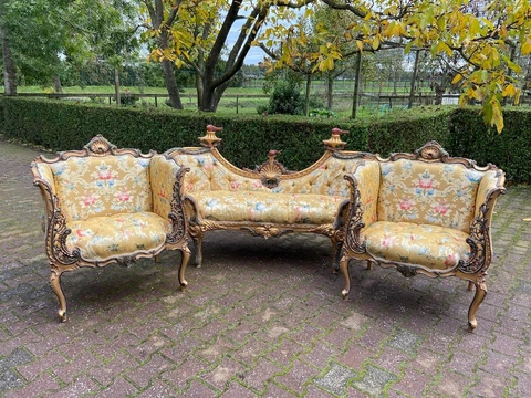French Louis XVI in Yellow/Gold Damask Sofa With 2 Chairs-3 Pieces Cover