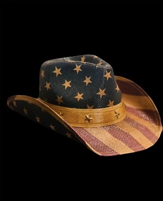 Chapéu de cowboy vintage cravejado de estrelas bandeira americana - Design patriótico de palha🇺🇸 - Imagem 1 de 4