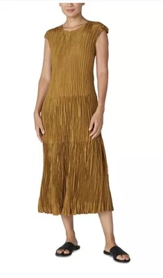 Vestido midi Eileen Fisher bronce en capas seda arrugada plisado manga gorra XXS NUEVO Foto 1 de 4