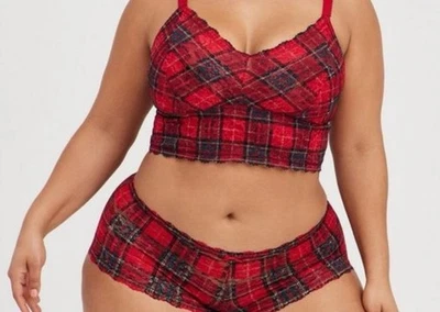Torrid Unlined Crop Bralette Sz 4 Red Tartan Plaid Lace Wireless Pullover - Image 1 of 4