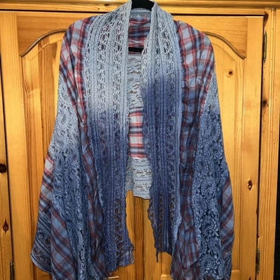 Free People Intentional Distress Lace Trim Blue & Red Scarf Wrap Shawl Boho  - Image 1 of 4
