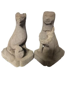 Japanese Shinto FoxKITSUNE Antiques Inari ornament Hand carved Set of 2 Stone - Picture 1 of 4