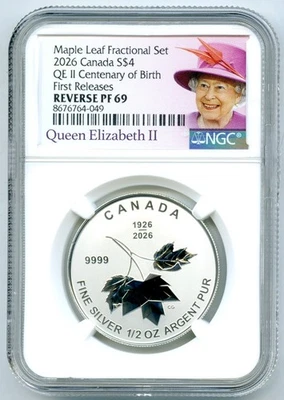 2026 S$4 CANADA QEII CENTENARY SILVER MAPLE LEAF NGC PF69 REV PROOF MINTAGE 3500 - Image 1 of 2