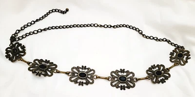 Vintage Bronze Scroll Medallions Black Rhinestones Adjustable Chain Belt - Image 1 of 4
