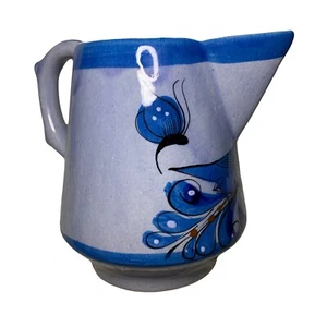 Vintage Blue Tonala Mexico Ceramic Pitcher Pottery Hand Painted Floral Bird - Picture 1 of 9