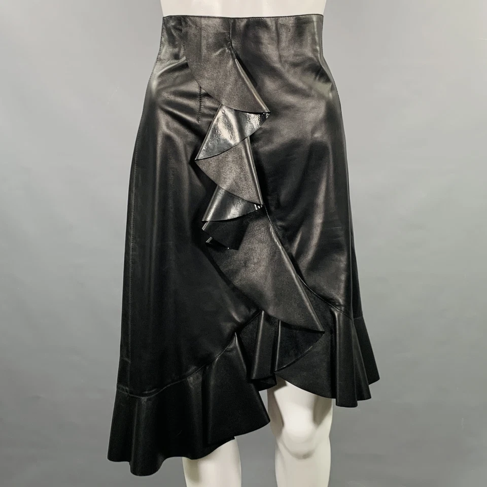 LANVIN 2016 размер M черная кожаная юбка длиной до колена из овечьей кожи с оборками тюльпан - Изображение 1 из 4