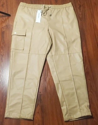 Calvin Klein Women’s Nude Beige Vegan Leather Pants (size 10) Elastic Waist, New - Image 1 of 3