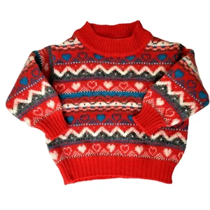 Suéter BENETTON 012 Italia Niño Pequeño Rojo Tejido Isla Justa Corazones Mezcla de Lana 2T VBC - Imagen 1 de 7