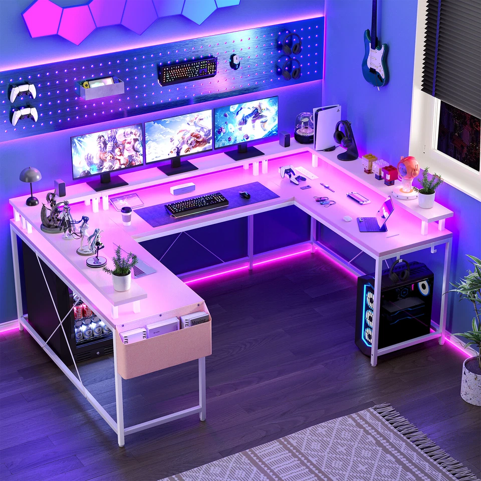 U Shaped Gaming Desk with LED Lights&Power Outlets Computer Desk for Home Office