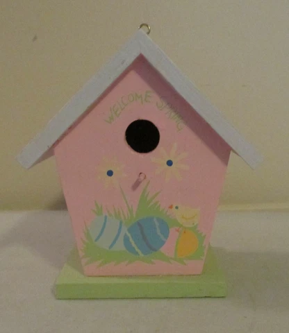 Wooden Bird House Decoration Inside Table Top Piece Hand Painted "Welcome Spring Cover