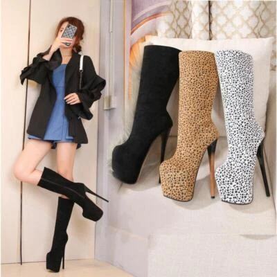 20cm Women's Stiletto Heels Platform Knee High Boots Leopard Shoes Sexy Oversize - Image 1 of 4