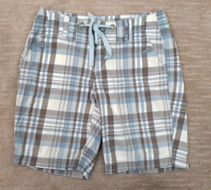 St Johns Bay Shorts Women's 6P Blue Tan Plaid Pockets 8.5" Inseam Lightweight - Picture 1 of 11
