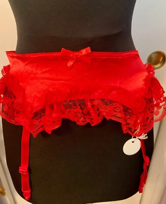 RED VINTAGE FRILLY GARTER BELT NOS SIZE M+ SATIN LACE + FREE VINTAGE STOCKINGS - Image 1 of 4