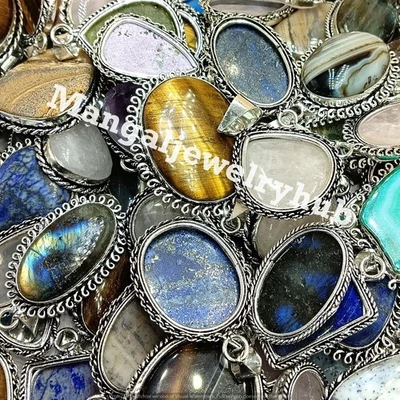 Lote de joyas a granel enchapados en plata de ley 925 colgantes de piedras preciosas ojo de tigre y mezcla Foto 1 de 4