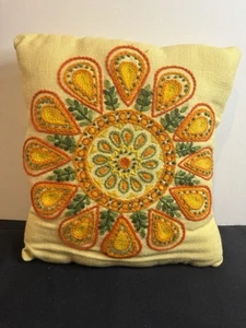vintage mcm throw pillow hand embroidered yellow mandila rondo - Picture 1 of 6