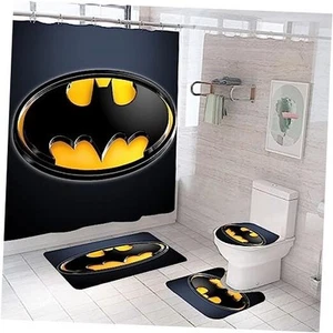 Bathroom 4 Pieces Set Shower Curtain, Toilet Lid Cover and Bath Mat, Non-Slip - Picture 1 of 8