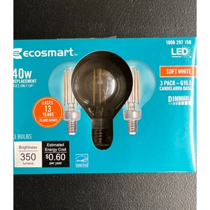 3pk Ecosmart 40W LED Light Bulb G16 Filament Dimmable Soft White E12 Candle Base - Picture 1 of 6