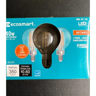 3pk Ecosmart 40W LED Light Bulb G16 Filament Dimmable Soft White E12 Candle Base - Image 1 of 4