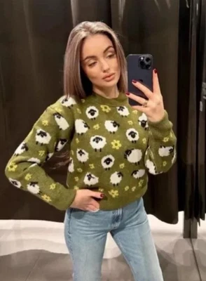 Zara Blogger's Fav Jacquard Green Sheep Lamb Jumper Size S - Image 1 of 4