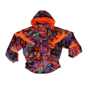 VTG 80s DESCENTE MULTICOLOUR FLORAL GEOMETRIC PADDED HOODED SKI JACKET M - Picture 1 of 8