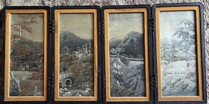 Pannelli di seta argento antichi giapponesi o cinesi antichi ricamati delle montagne - Foto 1 di 14