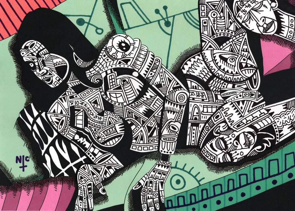 12 x 17 pulgadas, pintura, abstracto tribal, cubista, dibujado a mano en papel de arte, DESNUDO  Foto 1 de 1